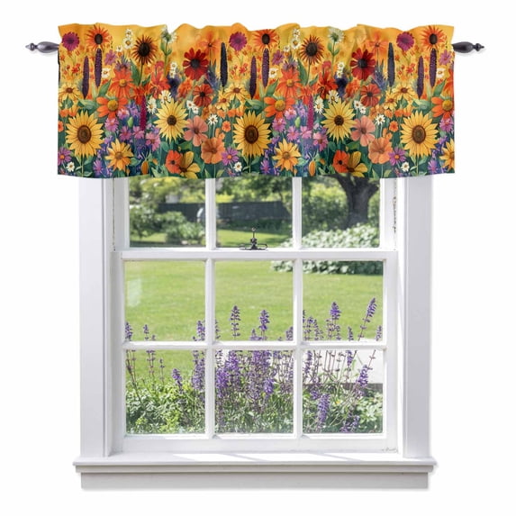 Colorful Flowers Kitchen Curtain Valances for Windows Farmhouse Short Curtains, Farmhouse Sunflower Daisy Rod Pocket Valance Curtain for Bedroom Cafe Living Room 42"x12"