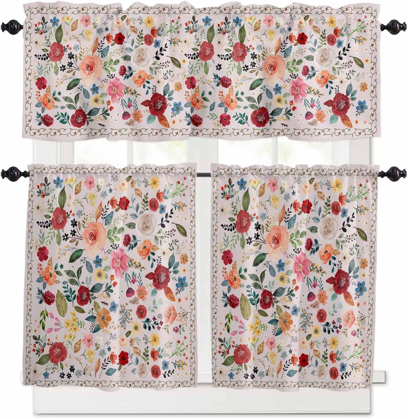 Colorful Flowers Kitchen Curtains and Valances Set, Rod Pocket Curtains Tier Farmhouse Window Curtains 24 Inch Length, Spring Botanical Plants Light Pink 3 Piece Kitchen Curtains Set