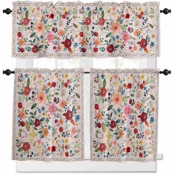 Colorful Flowers Kitchen Curtains and Valances Set, Rod Pocket Curtains Tier Farmhouse Window Curtains 24 Inch Length, Spring Botanical Plants Light Pink 3 Piece Kitchen Curtains Set