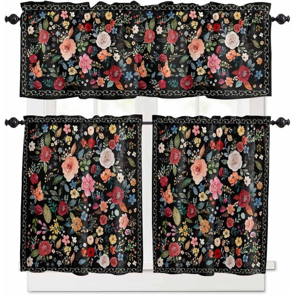Colorful Flowers Kitchen Curtains and Valances Set, Rod Pocket Curtains Tier Farmhouse Window Curtains 36 Inch Length, Spring Summer Botanical Plants Rustic 3 Piece Kitchen Curtains Set
