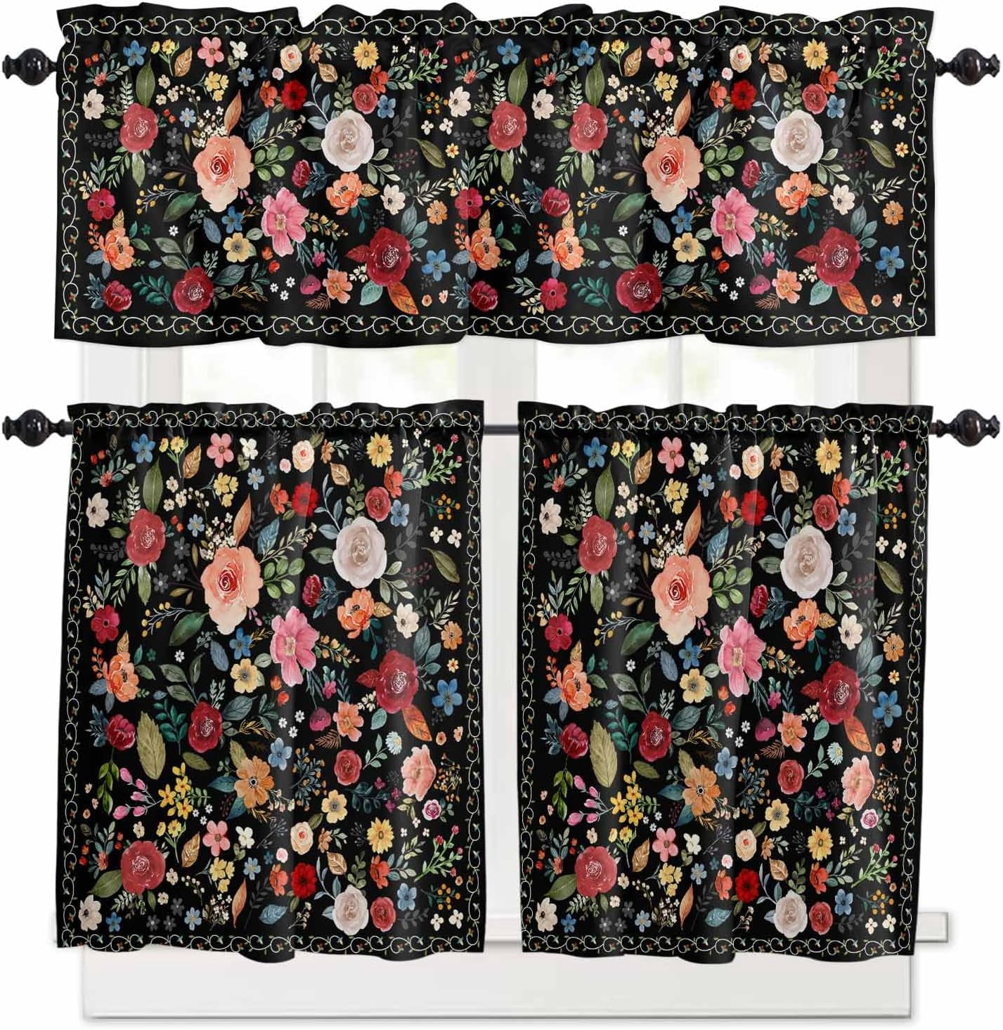 Colorful Flowers Kitchen Curtains and Valances Set, Rod Pocket Curtains Tier Farmhouse Window Curtains 36 Inch Length, Spring Summer Botanical Plants Rustic 3 Piece Kitchen Curtains Set