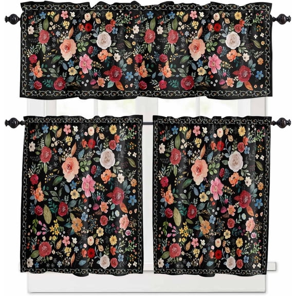 Colorful Flowers Kitchen Curtains and Valances Set, Rod Pocket Curtains Tier Farmhouse Window Curtains 36 Inch Length, Spring Summer Botanical Plants Rustic 3 Piece Kitchen Curtains Set