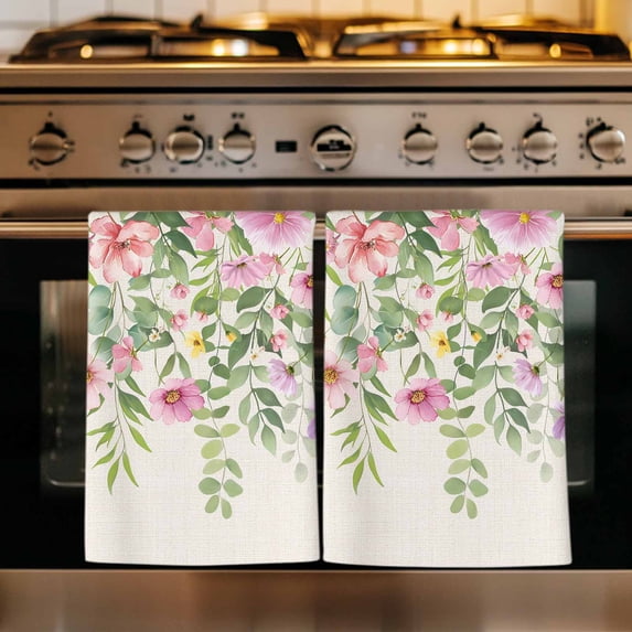 Colorful Flowers Kitchen Towels Set of 4, Spring Floral Leaves Botanical Country Beige Absorbent Dish Towels for Kitchen, Microfiber Hand Towel, Quick Drying Tea Towel Decorative Dishcloths