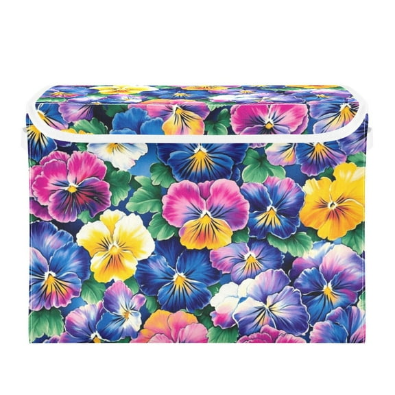 Colorful Flowers Pansies Large Storage Bins with Linen Collapsible Lid Storage Box 16.7 x 12.6 x 11.8in