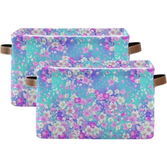 Colorful Flowers Patterns Foldable Storage Basket for Shelves, Collapsible Sturdy Storage Bin with Handles, Canvas Storage Cube for Organizing Closet 2PCS Home Decor