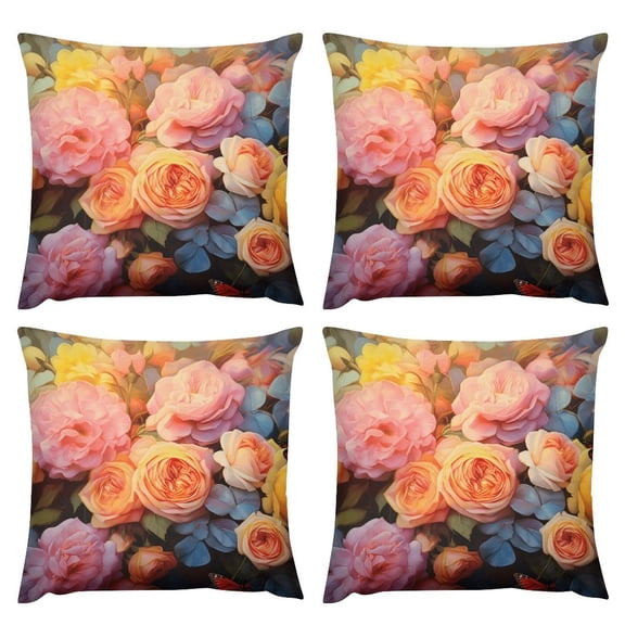 Colorful Flowers Pillow Covers 18 "x18 " Set of 4 pcs，Modern Sofa Throw Pillow Cover, Decorative Home Outdoor Linen Fabric Geometric Pillow Case