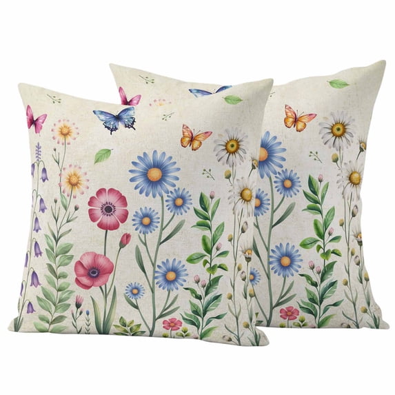 Colorful Flowers Pillow Covers 2 Pack Vintage Spring Pink Blue White Floral Butterfly Linen Texture Pillowcase Waterproof Outdoor Throw Pillow Cover for Patio Garden Square Cushion 20”x20”