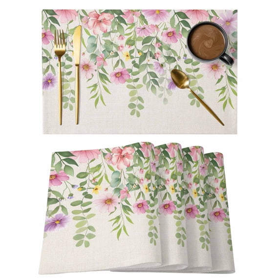 Colorful Flowers Placemats Set of 6, Spring Floral Leaves Botanical Country Beige Placemats for Dining Table, Place Mats for Kitchen Tabletop, Waterproof Wipeable Dining Table Mats Set