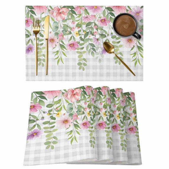 Colorful Flowers Placemats Set of 8, Spring Floral Leaves Botanical Gray Plaid Placemats for Dining Table, Place Mats for Kitchen Tabletop, Waterproof Wipeable Dining Table Mats Set