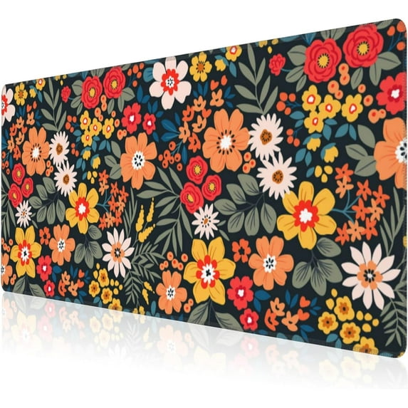 Colorful Flowers and Plants Desk Mat,Large Bright Abstract Floral Gaming Keyboard Mouse Pad,Non-Slip Rubber Base Desk Pad Thick Stitched Edges Waterproof Mousepad Mouse Mat 31.5"x15.7"