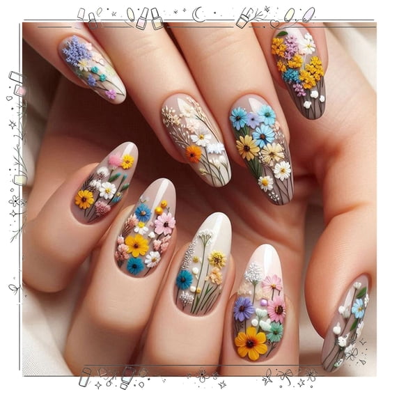 Colorful Flowers Press on Nails,Medium Almond Fake Nails,Acrylic Glossy Glue on Nails,Removable Winter Spring Xmas False Nails for Girls Valentine Easter Holiday Daily Appointment Wear 24pcs