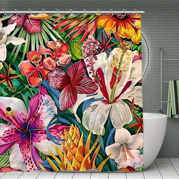 Colorful Flowers Print Shower Curtain,Modern Fabric Waterproof Shower Curtain Set with Hooks,70.8×70.8Inch