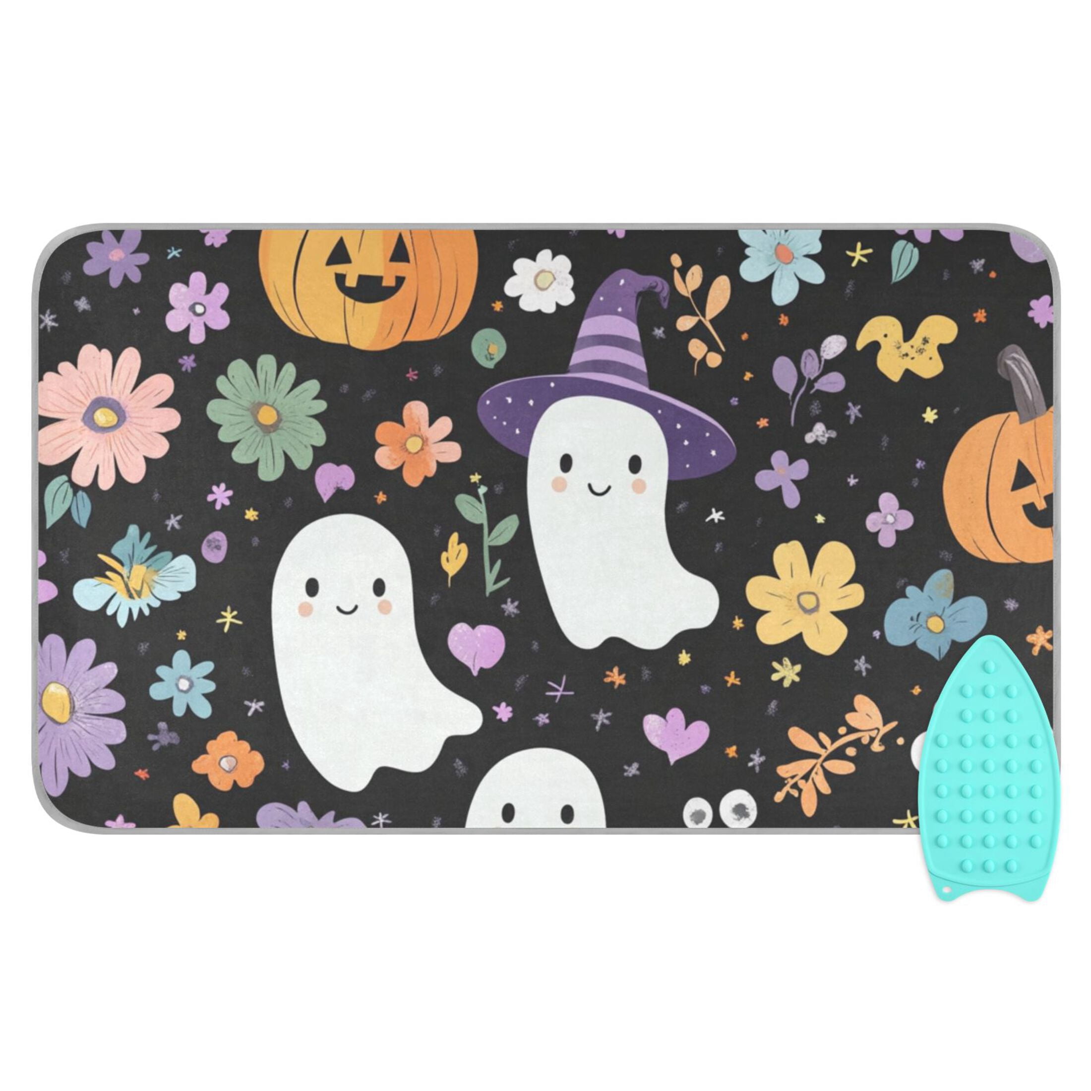 Colorful Flowers Pumpkins Halloween Specters Ironing Mat Blanket Portable Travel Ironing Pad Heat Resistant Pad 47.2" x 27.6”