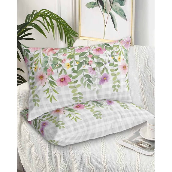 Colorful Flowers Queen Pillow Cases Set of 2 - Microfiber Bed Throw Pillow Covers, Spring Floral Leaves Botanical Gray Plaid Decorative Lumbar Pillow Cover with Envelope Closure for Sofa 20"x30"