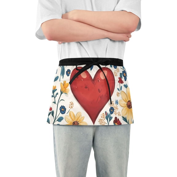 Colorful Flowers Red-heart Leaves Vintage Short Server Apron with 3 Pockets for Unisex Chef Gardening