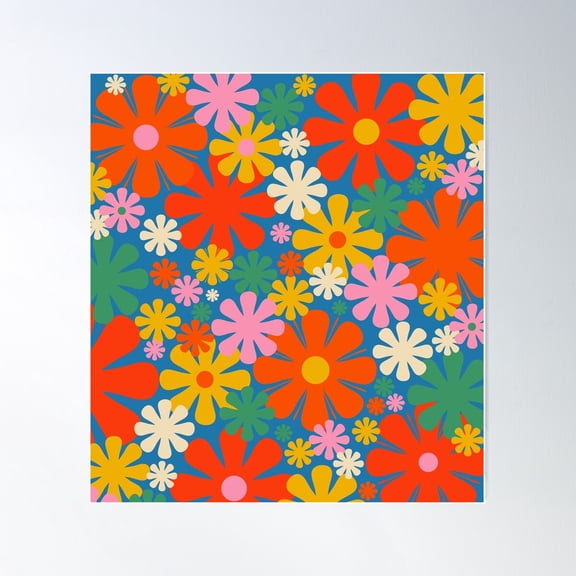 Colorful Flowers Retro 60S Aesthetic Floral Pattern On Blue Poster Wall Art, Modern Wall Decor For Living Room Bedroom, 30x30 UNFRAMED
