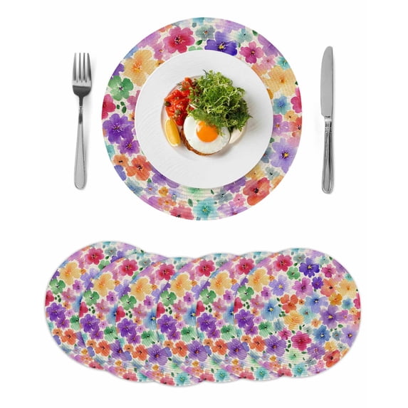 Colorful Flowers Round 13 Inch Placemats Set of 6, Spring Farmhouse Watercolor Floral Beige HeatResistant Non Slip Place Mats for Dining Table, Wipeable Braided Kitchen Table Mats for Housewarming