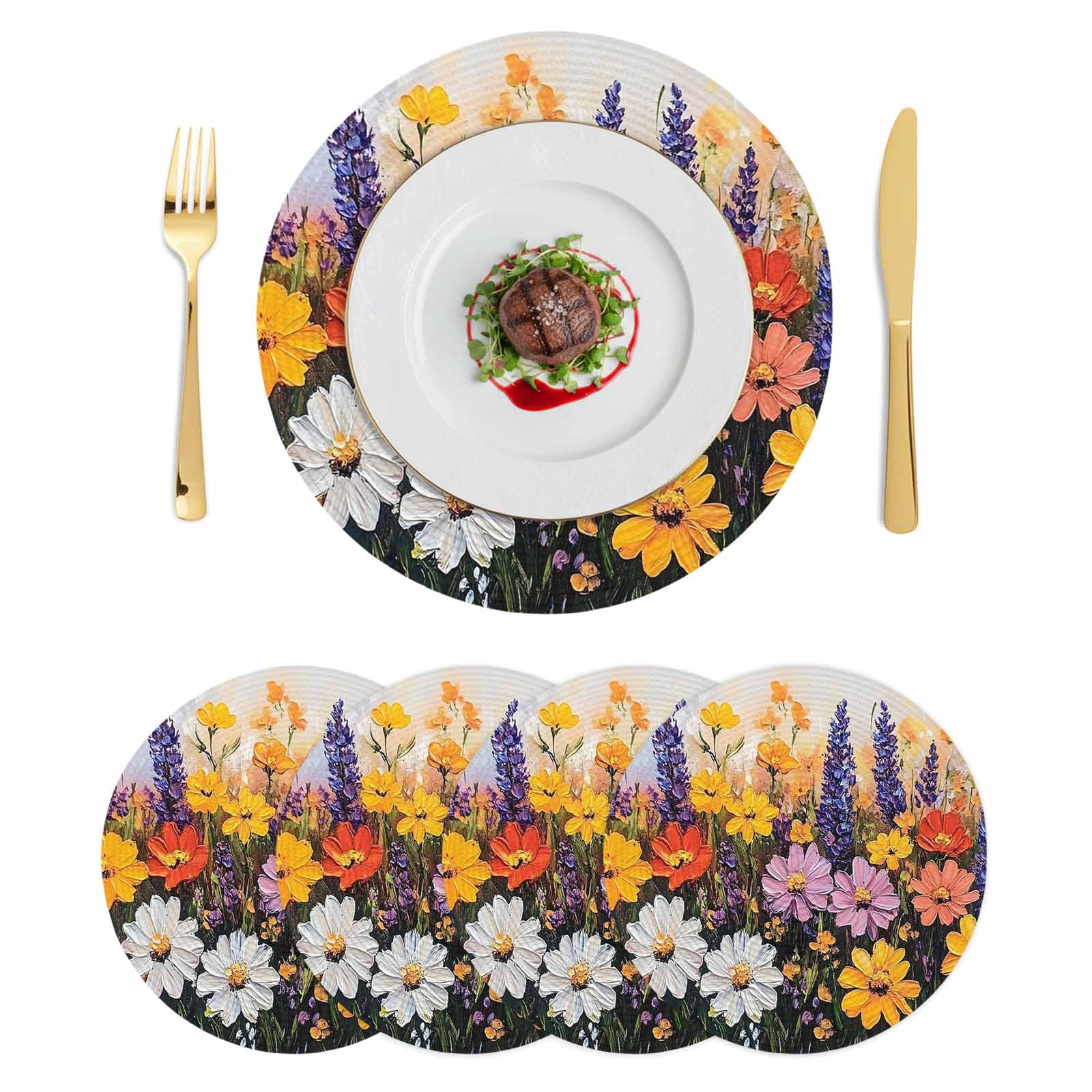 Colorful Flowers Round Placemats Set of 4 Modern Botanical Floral Oil ...
