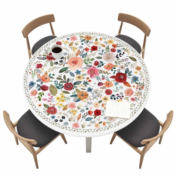 Colorful Flowers Round Round Fitted Tablecloth with Elastic Edge Spring Vintage Country Watercolor Floral Leaves Table Cover Fit for 55"-60" Tables Waterproof Tablecloths for Dinner Camping Picnic