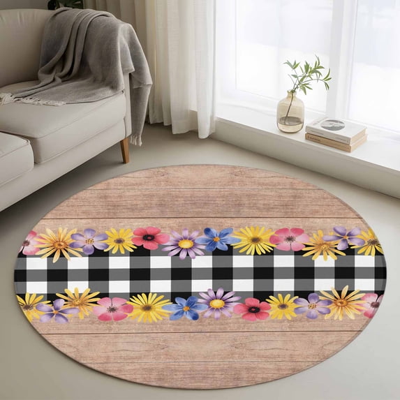 Colorful Flowers Round Rug 4ft Washable Circle Entryway Rugs Non Slip Spring Floral Elegant Pastoral Wooden Area Rug Indoor Floor Carpet for Bedroom Kitchen Living Room Home Office Dining Room