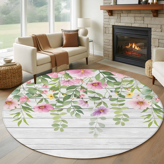 Colorful Flowers Round Rug 8ft Washable Circle Rugs Non Slip Spring Leaves Floral Botanical Wood Grain Large Area Rug Indoor Floor Carpet for Bedroom Kitchen Living Room Home Office Dining Room