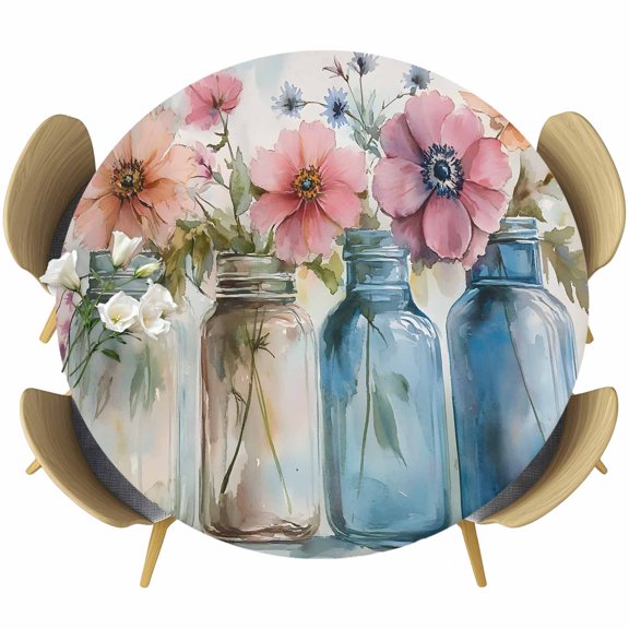 Colorful Flowers Round Tablecloth 36-44 Inch Round Fitted Table Cloth with Elastic Edge, Spring Botanical Floral Bottle Leaves Waterproof Table Cover Protector for Outdoor Picnic Party Dining