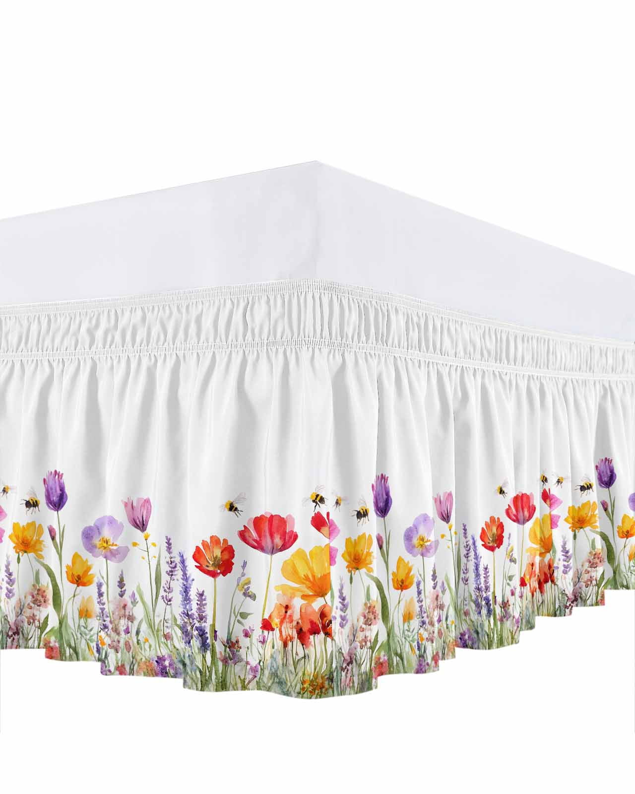 Colorful Flowers Ruffle Bed Skirt Queen Size Spring Floral Adjustable Elastic Dust Bed Skirts Wrap Around Bedskirt Wrinkle Free Easy Fit with 16 Inch Drop