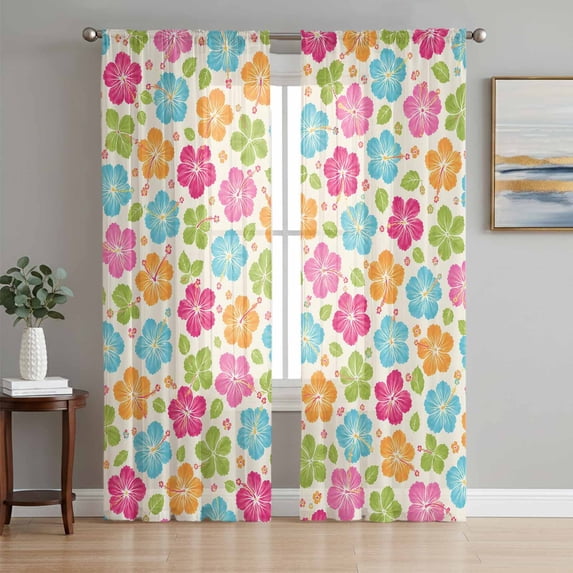 Colorful Flowers Sheer Curtains 72 Inch Length 2 Panels Set, Farmhouse Botanical Floral Leaves Voile Window Treatment Rod Pocket Curtains Sheers Drapes for Bedroom/Living Room/Kitchen 52"x72"x2
