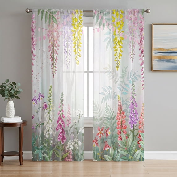 Colorful Flowers Sheer Curtains 72 Inch Length 2 Panels Set, Spring Floral Farmhouse Botanical Voile Window Treatment Rod Pocket Curtains Sheers Drapes for Bedroom/Living Room/Kitchen 52"x72"x2