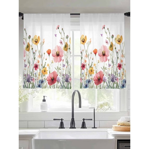 Colorful Flowers Sheer Curtains for Living Room Bedroom Spring Botanical Watercolor Wildflowers Sheer Curtains 54 Inch Long 2 Panels Set Light Filtering Curtain Window Treatments Drapes