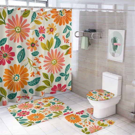 Colorful Flowers Shower Curtain Sets 4 Piece Bathroom Sets with Shower Curtain And Rugs 4 Piece Gifts for Flower Lover Waterproof Fabric Bath Curtain for Bathroom Decor Set