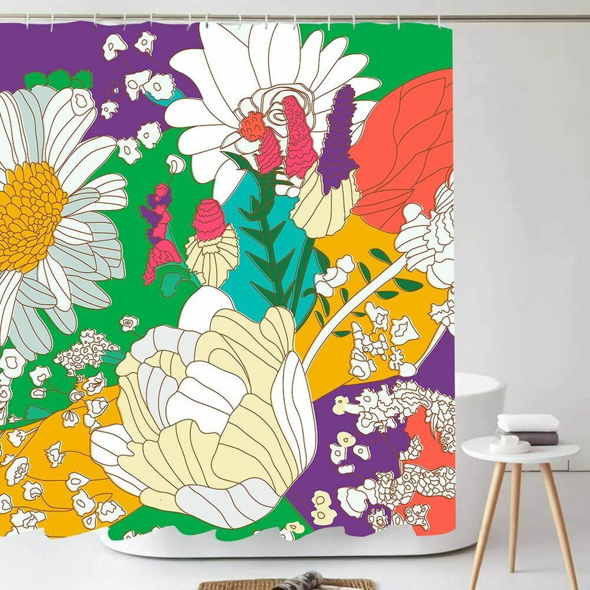 Colorful Flowers Shower Curtain With 12 hooks Bathroom Decor Washable