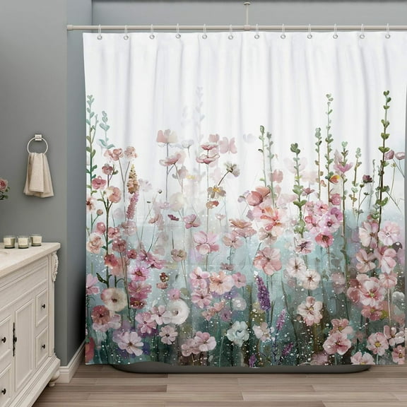 Colorful Flowers Shower Curtain for Bathroom, Pink Floral Wildflower Plants Curtain, 72 x 72 inch