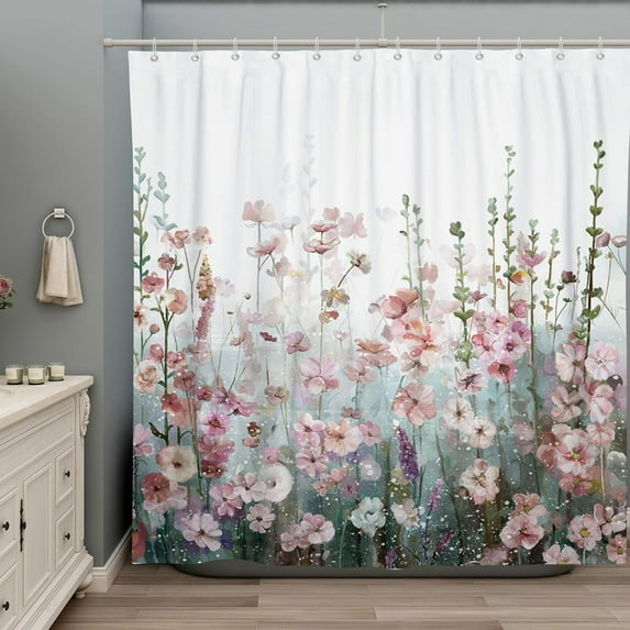 Colorful Flowers Shower Curtain for Bathroom, Pink Floral Wildflower Plants Curtain, 72 x 72 inch