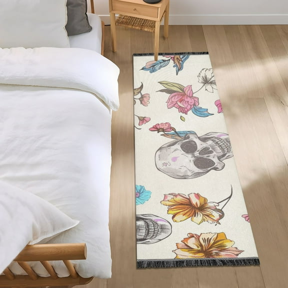 Colorful Flowers Skull Head Bedside Runner Rug 2'x 6' Non Slip Carpet Floor Mat Area Rug