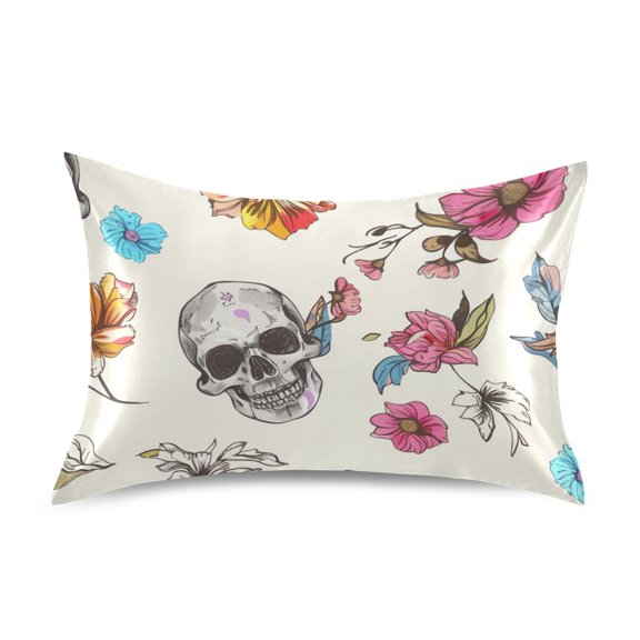 Colorful Flowers Skull Head Satin Pillowcase Envelope Design Pillow Covers 1 Pack Queen Size 20" x 30"