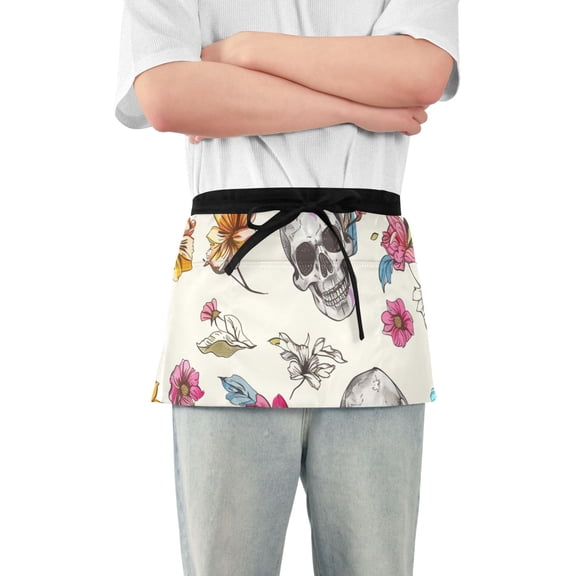 Colorful Flowers Skull Head Short Server Apron with 3 Pockets for Unisex Chef Gardening
