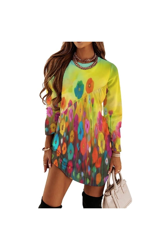 Colorful Flowers Spring Loose Dress Evening Dress Summer Dresses for Women Luxury Dress Long Sleeved Dress