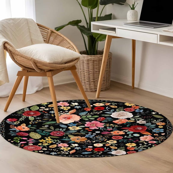 Colorful Flowers Square 3.3ft Round Rug for Bedroom Reading Corner, Spring Vintage Watercolor Floral Leaves Black Washable Non Slip Circle Area Rug