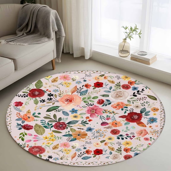 Colorful Flowers Square 3' Round Rug for Bathroom Accent Bedside Corner, Spring Vintage Watercolor Floral Leaves Pink Non Slip Circle Area Rug for Small Spaces, Machine Washable Indoor Outdoor Mat