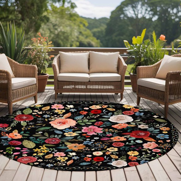 Colorful Flowers Square 8ft Round Rug for Open Concept Living Room Seating Zone, Spring Vintage Watercolor Floral Leaves Black Washable Non Slip Large Circle Area Rug