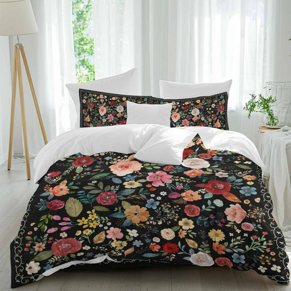 Colorful Flowers Square Full Size Comforter Set, Spring Vintage Watercolor Floral Leaves Black Bedding for All Seasons, 4 Pcs Bed Set, 1Quiltcover (86"x86") ,1Sheet(80"x116"), 2Pillowcases (30"x20")