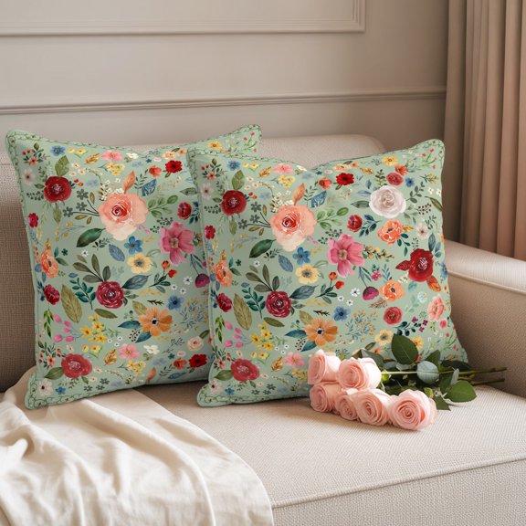 Colorful Flowers Square Outdoor Pillow Covers 16"x16" Set of 2 Waterproof Throw Pillow Covers for Living Room Sofa Patio Garden Spring Vintage Watercolor Floral Leaves Green Faux Linen Cushion Case