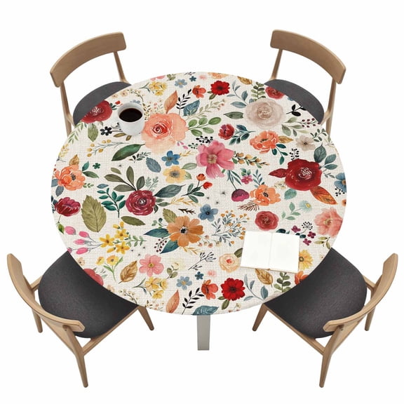 Colorful Flowers Square Round Fitted Tablecloth Spring Vintage Watercolor Floral Leaves Linen Texture Waterproof Elastic Stretch Table Cover for 36"-44" Round Table, Tablecloth for Picnic Dinner