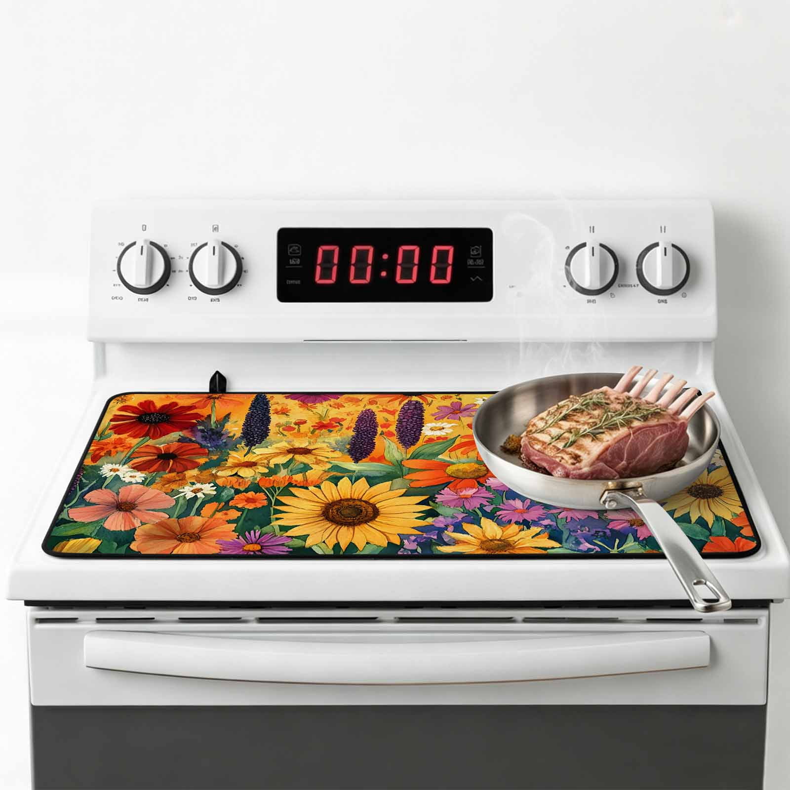Colorful Flowers Stove Top Cover for Electric Stove, Heat-proof & Non Slip Glass Top Stove Cover Protector, Farmhouse Sunflower Daisy Kitchen Flat Cooktop Rubber Mat 24x21 Inches