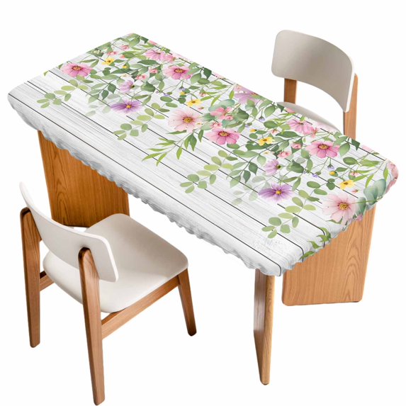 Colorful Flowers Table Cloths for 3 Foot Rectangle Tables, Spring Leaves Floral Botanical Wood Grain Patio Waterproof Elastic Fitted Tablecloths, Washable Rectangular Table Cover for Camping