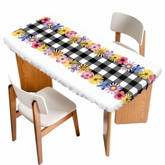 Colorful Flowers Table Cloths for 5 Foot Rectangle Tables, Spring Floral Elegant Pastoral Watercolor Patio Waterproof Elastic Fitted Tablecloths, Washable Rectangular Table Cover for Camping