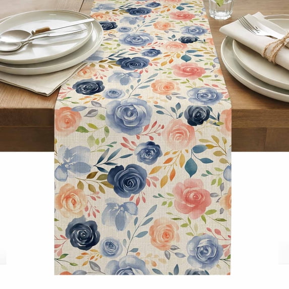 Colorful Flowers Table Runner - 108 Inch Long, Kitchen Dining Table Runner Dresser Scarves, Watercolor Retro Blue Pink Floral Farmhouse Decor for Coffee Tables Wedding Party Banquet