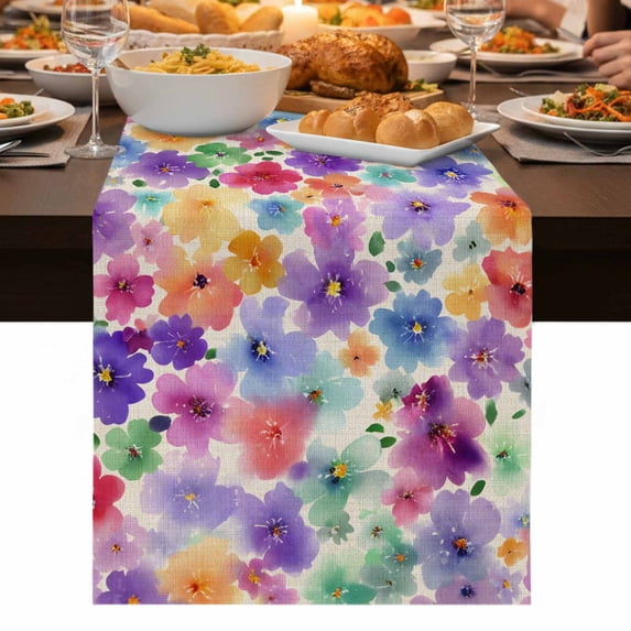 Colorful Flowers Table Runner 36 Inch Long Dresser Scarves Linen Tablerunners Spring Farmhouse Watercolor Floral Beige Dining Kitchen Burlap Table Setting Decor for Party Holiday Coffee, 13"x36"