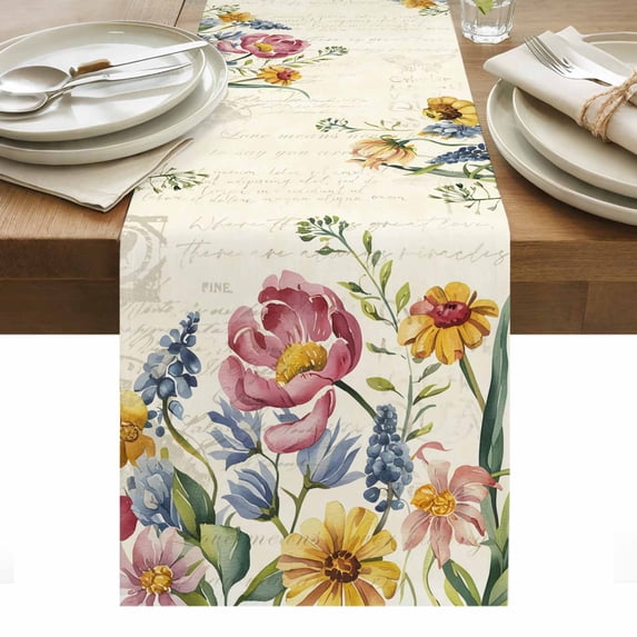 Colorful Flowers Table Runner - 60 Inch Long, Kitchen Dining Table Runner Dresser Scarves, Spring Botanical Wild Florals Herbs Farmhouse Decor for Coffee Tables Wedding Party Banquet